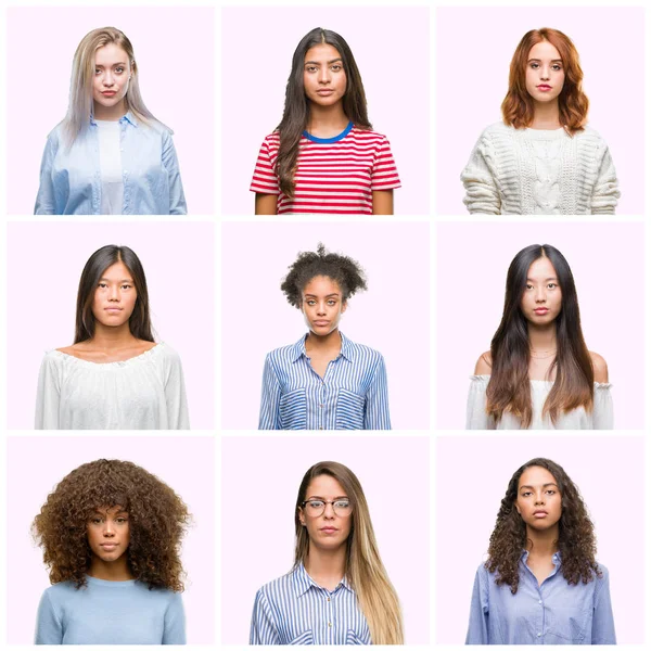 Collage Unga Kvinnor Över Rosa Isolerade Bakgrund Med Allvarliga Uttryck — Stockfoto