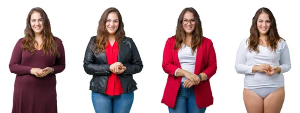 Colagem Mulher Bonita Size Sobre Fundo Isolado Mãos Juntas Dedos — Fotografia de Stock