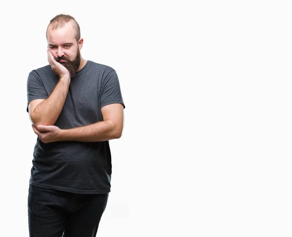 Jeune Homme Hipster Caucasien Sur Fond Isolé Pensant Fatigué Ennuyé — Photo