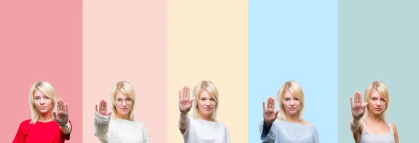 Collage Von Schönen Blonden Frau Über Bunten Streifen Isolierten Hintergrund — Stockfoto