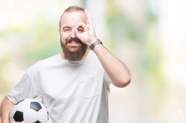 Giovane Uomo Hipster Caucasico Che Tiene Palla Calcio Sfondo Isolato — Foto Stock