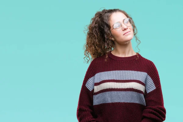 Beautiful Brunette Curly Hair Young Girl Wearing Glasses Isolated Background — Stock Photo, Image