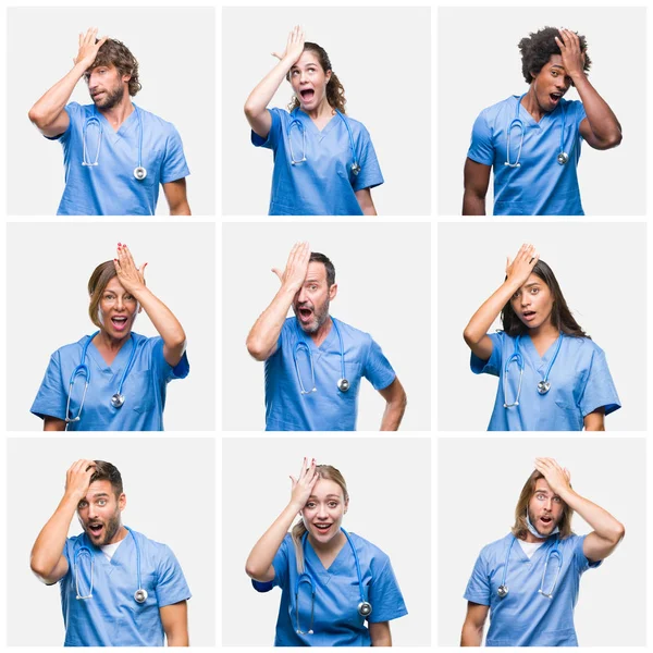 Colagem Grupo Profissionais Médicos Enfermeiros Pessoas Sobre Fundo Isolado Surpreendido — Fotografia de Stock