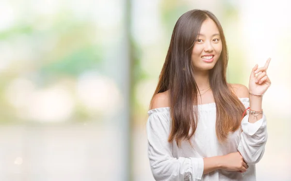 Young Asian Woman Isolated Background Big Smile Face Pointing Hand — Stock Photo, Image