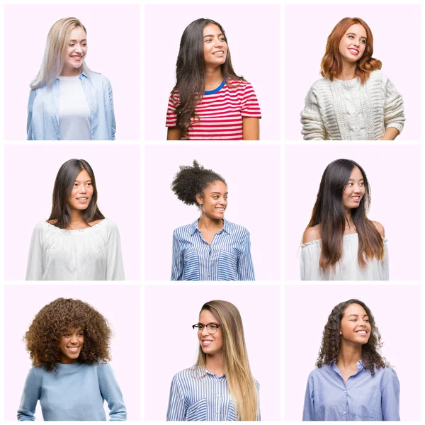Collage Unga Kvinnor Över Rosa Isolerade Bakgrund Tittar Bort Till — Stockfoto