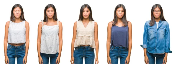 亚洲年轻女子拼贴画站在白色孤立背景与严重的表情在脸上 简单自然地看着相机 — 图库照片