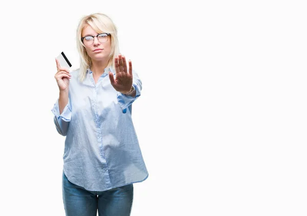 Young Beautiful Blonde Business Woman Holding Credit Card Isolated Background — Stock Photo, Image