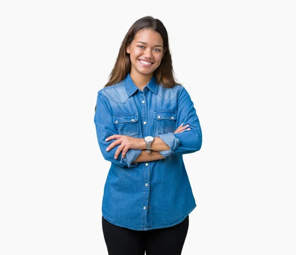 Jovem Bela Mulher Morena Vestindo Camisa Jeans Azul Sobre Fundo — Fotografia de Stock