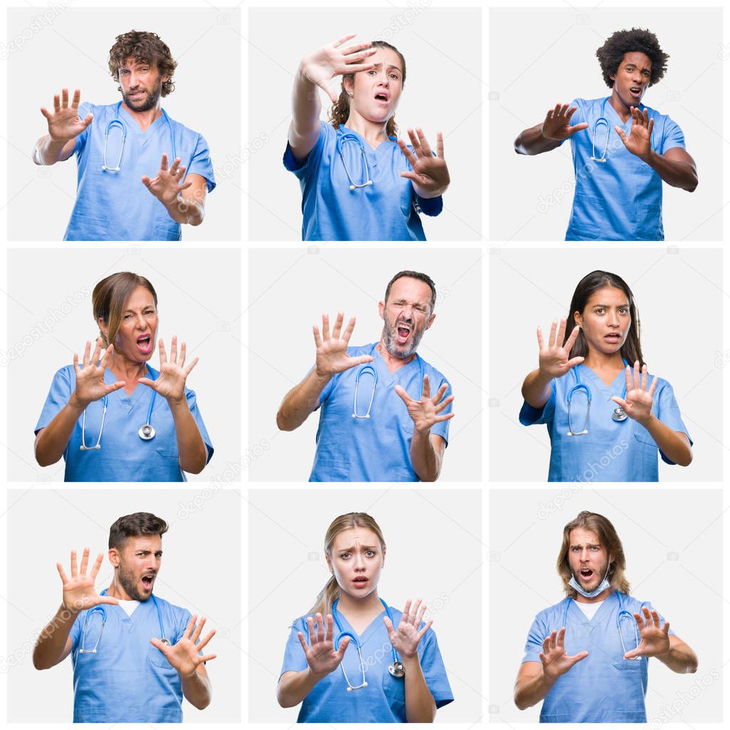 Collage of group of professional doctor nurse people over isolated background afraid and terrified with fear expression stop gesture with hands, shouting in shock. Panic concept.