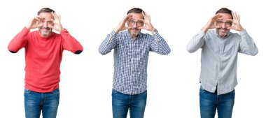 Parmaklarıyla, Uykulu ve sabah yorgunluk için yorgun gözlerini açmaya çalışırken beyaz izole arka plan üzerinde üst düzey yakışıklı kolaj