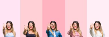 Kolaj gösterilen ve parmakları ile işaret pembe çizgili izole arka plan üzerinde genç güzel kadın kendinden emin ve mutlu gülümseyerek süre dört numara.