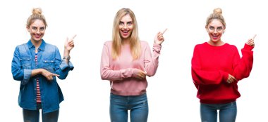 Yüzünde kocaman bir gülümseme ile izole arka plan üzerinde genç güzel sarışın kadının el ve parmak ile kameraya bakarak yan işaret kolaj.