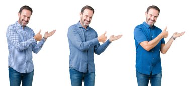 Kolaj yakışıklı komuta sizde üzerinde beyaz bir arka plan gösteren palm el ve yukarıya, mutlu ve neşeli gülümseyen baş parmakları Tamam jest yapıyor izole