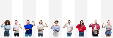 Kolaj farklı etnik genç insanlar üzerinde beyaz çizgili bir arka plan ile büyük ve büyük boy işaret, ölçü birimi sembol gösteren el eller izole. Kameraya bakarak gülümsüyordu. Ölçüm kavramı.