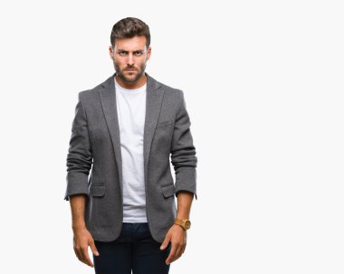 Genç yakışıklı iş adamı izole arka plan şüpheci ve gergin, çatık sorunu nedeniyle üzgün. Negatif kişi.