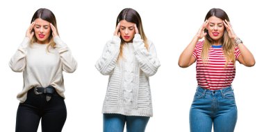 Genç güzel kadın kolaj izole arka plan baş baş ağrısı için el ile çünkü stres. Migren muzdarip.