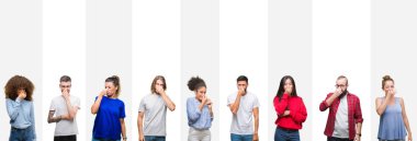 Kolaj farklı etnik gençlerin üzerine beyaz çizgili bir şey pis ve iğrenç kokulu izole arka plan, dayanılmaz koku, holding nefes burun parmaklar ile. Kötü kokuyor kavramı.