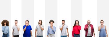 Kolaj dudaklarında parmak ile sessiz olmanı beyaz çizgili izole arka plan üzerinde farklı etnik genç insan. Sessizlik ve gizli kavramı.