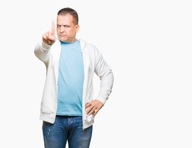 Orta yaş Arap adam giyen kazak izole üzerinde arka plan işaret parmağını ve kızgın ifade ile