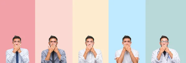 Collage Handsome Man Colorful Stripes Isolated Background Shocked Covering Mouth — Foto Stock