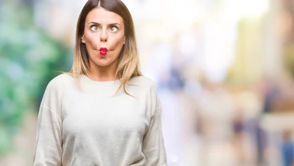 Mujer Hermosa Joven Suéter Blanco Casual Sobre Fondo Aislado Haciendo — Foto de Stock