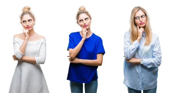 Collage Young Beautiful Blonde Woman Isolated Background Hand Chin Thinking — Stock Photo, Image