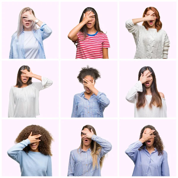 Collage Mujeres Jóvenes Sobre Rosa Aislado Fondo Asomándose Shock Cubriendo — Foto de Stock