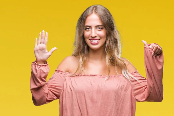 Beautiful Young Blonde Woman Isolated Background Showing Pointing Fingers Number — Stock Photo, Image