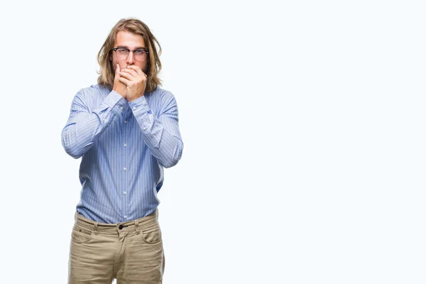Young Handsome Man Long Hair Wearing Glasses Isolated Background Shocked — Stock Photo, Image