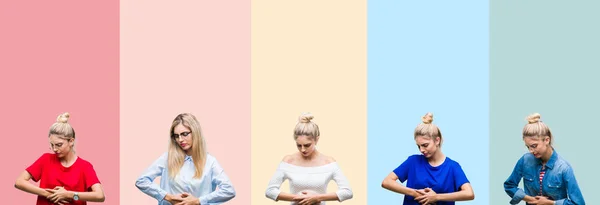 Colagem Mulher Loira Bonita Sobre Listras Coloridas Fundo Isolado Com — Fotografia de Stock