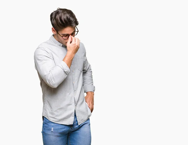 Joven Hombre Guapo Con Gafas Sobre Fondo Aislado Cansado Frotando — Foto de Stock