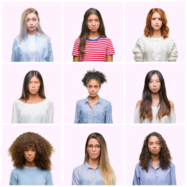 Collage Von Jungen Frauen Vor Rosa Isoliertem Hintergrund Die Deprimiert — Stockfoto