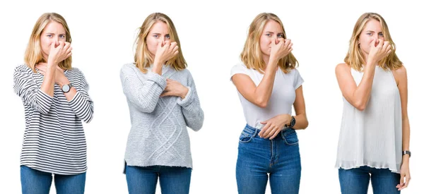 Collage Hermosa Mujer Rubia Sobre Fondo Blanco Aislado Oliendo Algo —  Fotos de Stock