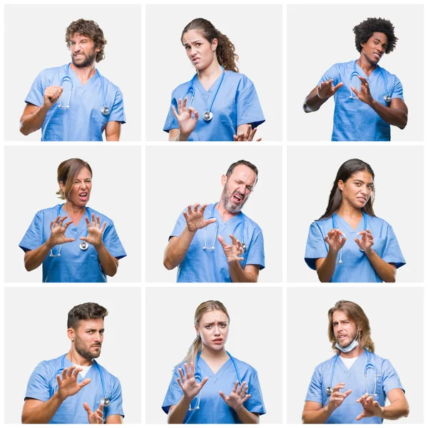 Collage Gruppo Infermieri Medici Professionisti Persone Sfondo Isolato Espressione Disgustata — Foto Stock