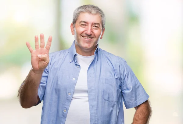 孤立した背景表示と指で上向きにハンサムな年配の男性数は自信を持って 幸せな笑みを浮かべている間 — ストック写真