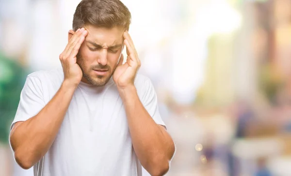 Joven Hombre Guapo Sobre Fondo Aislado Con Mano Cabeza Para — Foto de Stock