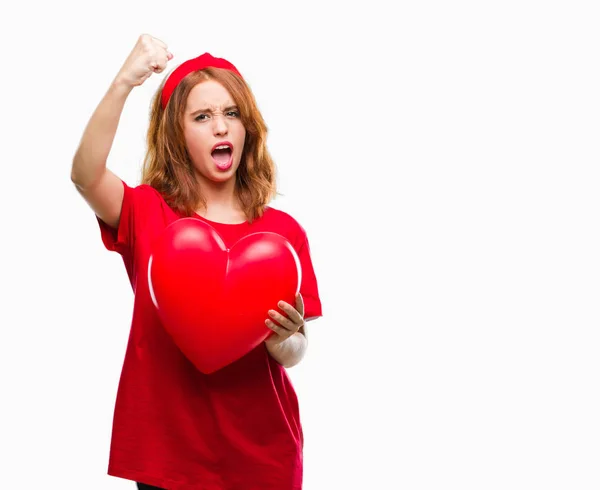 Jovem Mulher Bonita Segurando Coração Vermelho Amor Sobre Fundo Isolado — Fotografia de Stock