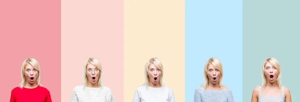 Collage Vacker Blond Kvinna Över Färgglada Ränder Isolerade Bakgrund Rädd — Stockfoto
