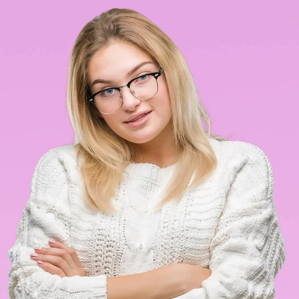 Giovane Donna Caucasica Indossa Occhiali Sfondo Isolato Volto Felice Sorridente — Foto Stock