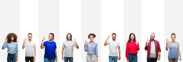 Colagem Diferentes Etnias Jovens Sobre Listras Brancas Fundo Isolado Sorrindo — Fotografia de Stock