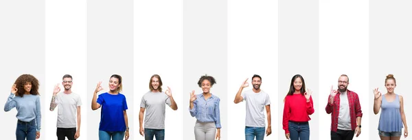 Collage Diferentes Etnias Jóvenes Sobre Rayas Blancas Fondo Aislado Sonriendo — Foto de Stock