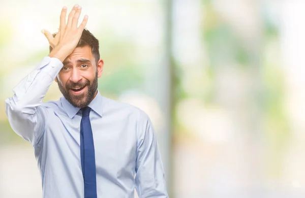 Homem Negócios Hispânico Adulto Sobre Fundo Isolado Surpreendido Com Mão — Fotografia de Stock