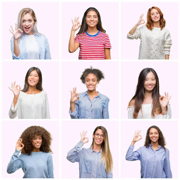 Collage Mujeres Jóvenes Sobre Rosa Aislado Fondo Sonriendo Positiva Haciendo —  Fotos de Stock