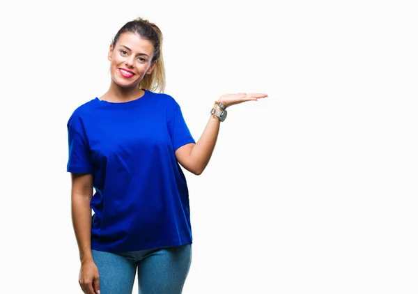 Ung Vacker Kvinna Som Bär Casual Blå Shirt Över Isolerade — Stockfoto