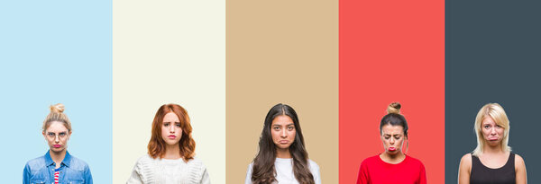 Коллаж группы красивых случайных женщин на винтажные осенние цвета изолированный фон подавлен и беспокоиться о бедствии, кричать сердито и страшно. Грустное выражение
.