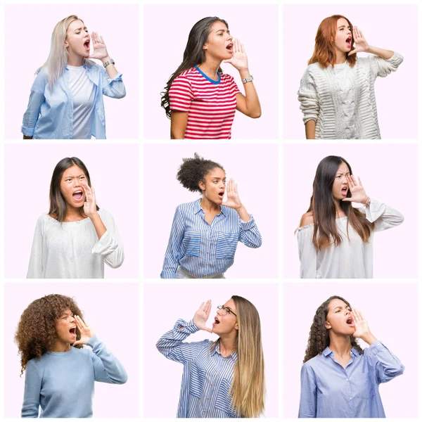 Κολάζ Των Νεαρών Γυναικών Ροζ Φόντο Απομονωμένες Φώναζαν Και Φωνάζουν — Φωτογραφία Αρχείου