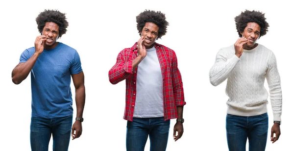 Colagem Afro Americano Jovem Bonito Sobre Fundo Isolado Tocando Boca — Fotografia de Stock