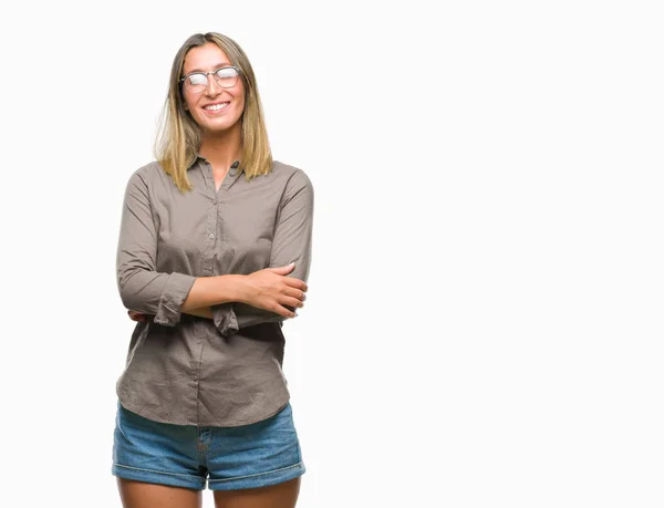 Jovem Bela Mulher Sobre Fundo Isolado Rosto Feliz Sorrindo Com — Fotografia de Stock