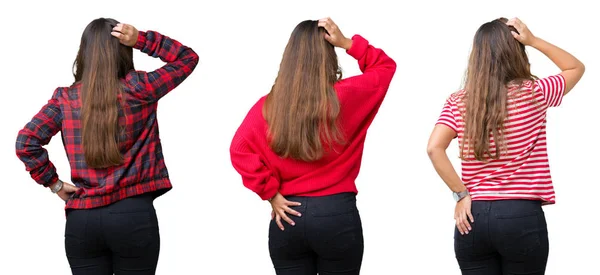 Collage Hermosa Mujer Joven Sobre Fondo Aislado Revés Pensando Duda —  Fotos de Stock