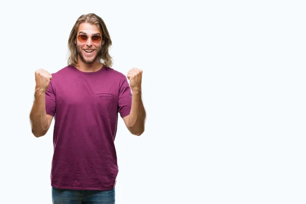 Young Handsome Man Long Hair Wearing Sunglasses Isolated Background Celebrating — Stock Photo, Image